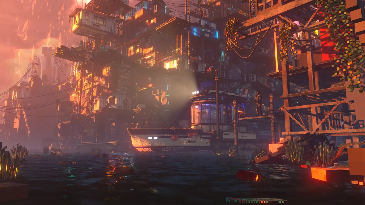 A sunset view across a canal at the base of a densely built settlement in Nivalis Nights — stacked metal dwellings, catwalks, hanging cables and pipework, a lit barge on the water, warm orange sky behind distant towers.